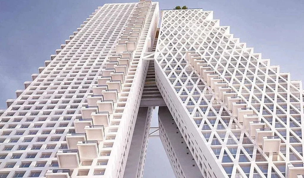 The Altair tower looking up its leaning facade